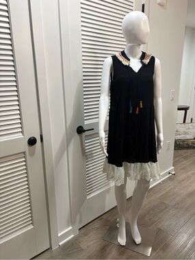 Current/Project Black Tiered Dress with Colorful Tassel Trim
